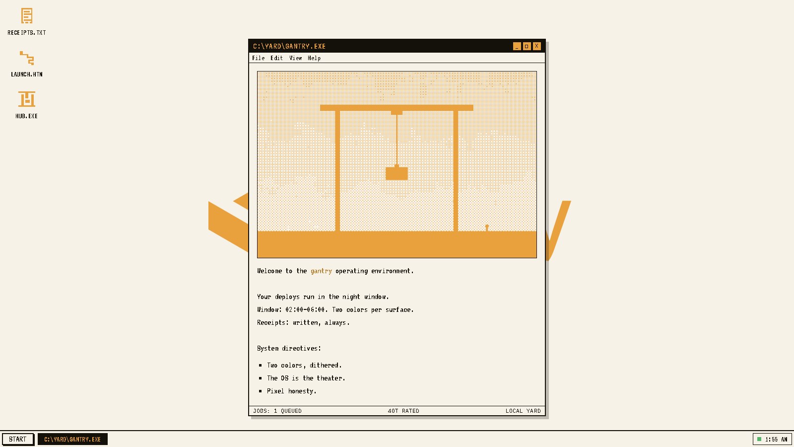 GANTRY OS — the site is an operating environment: boot the night shift, wake to the desktop