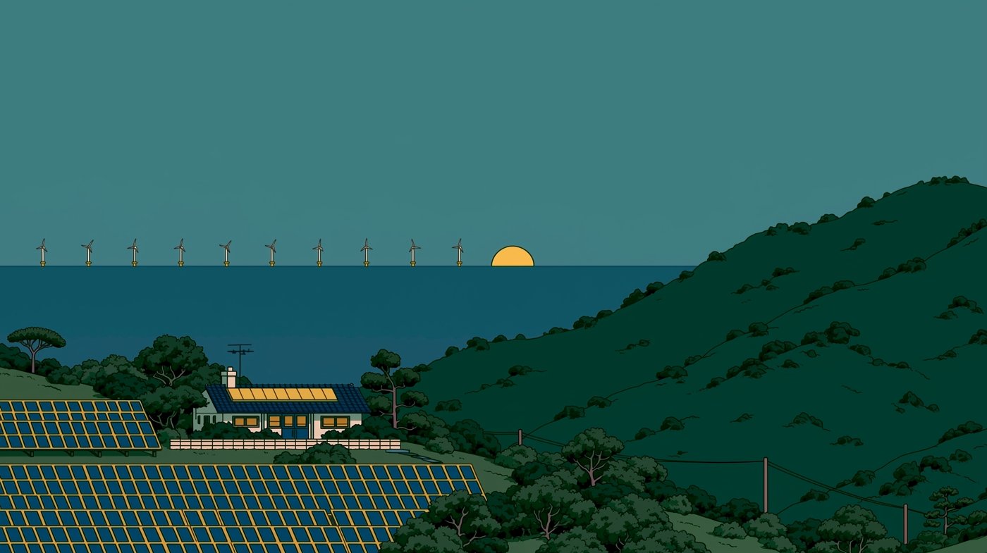 The solar coast at dusk — turbines on the horizon, one window lit
