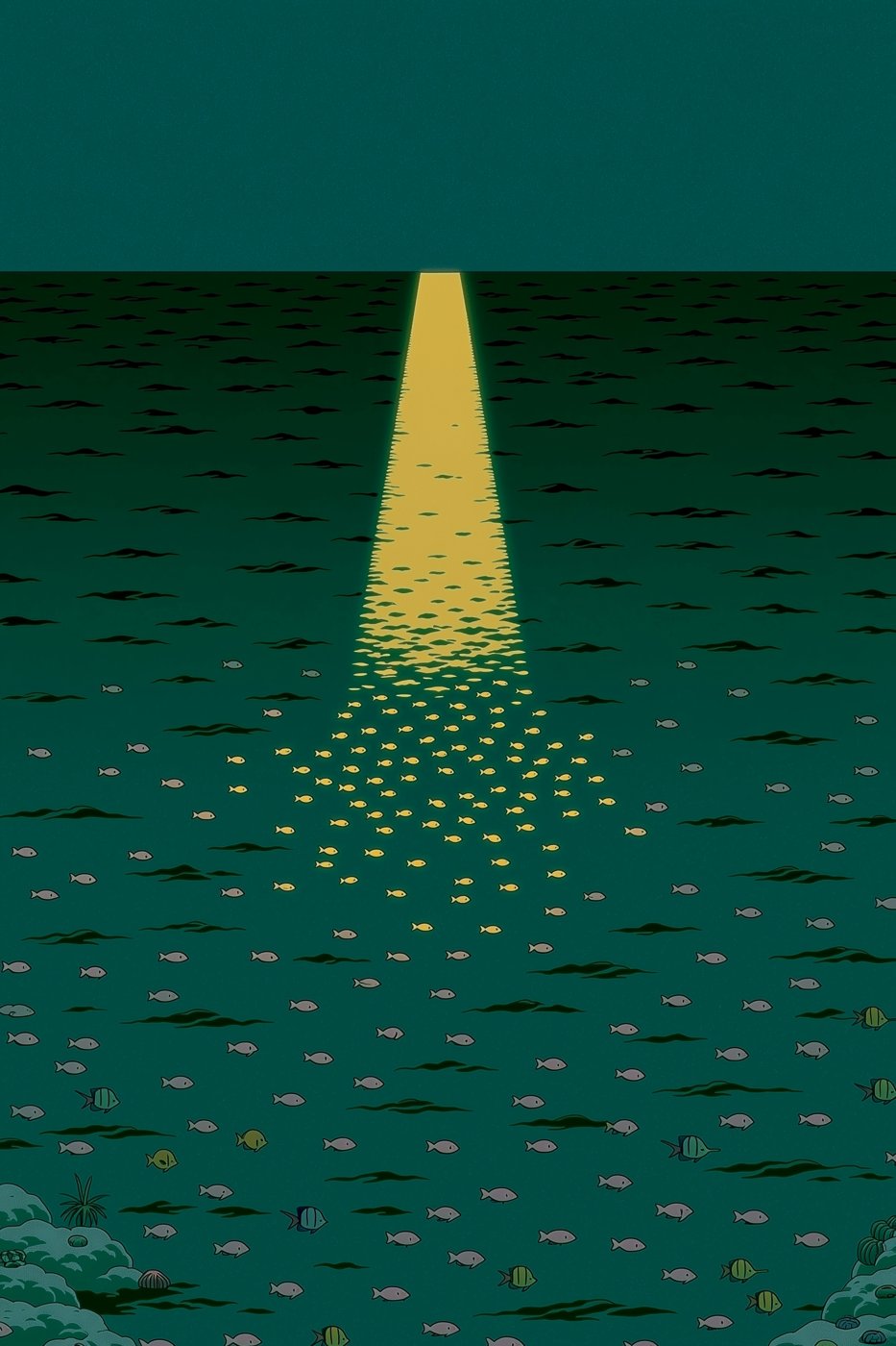 one shaft of sunlight through deep water, small fish circling in the bright column