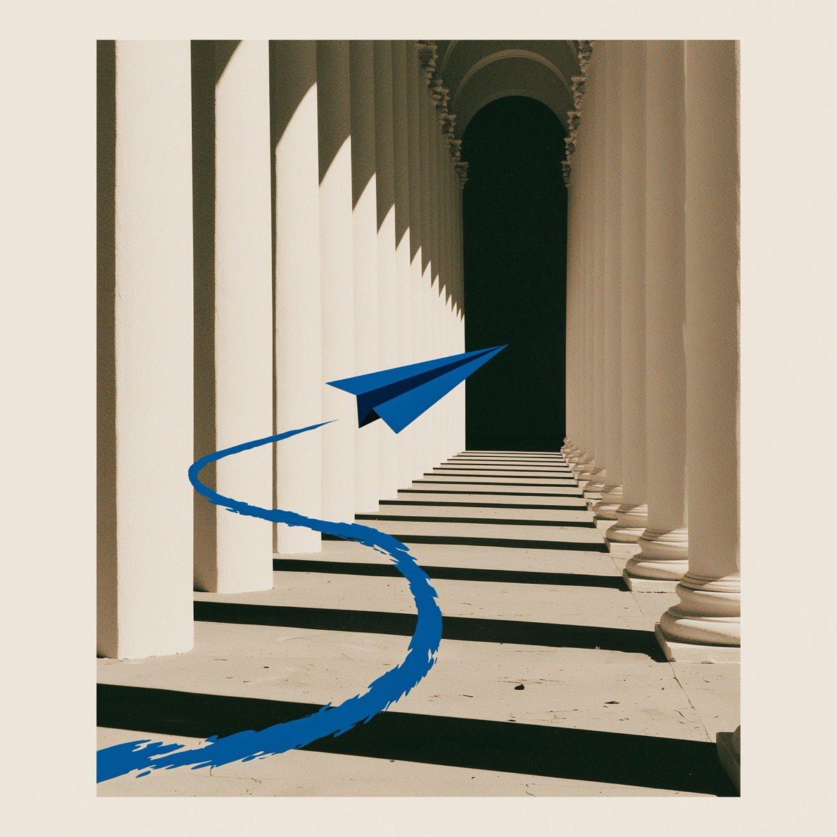 blue paper plane through a colonnade