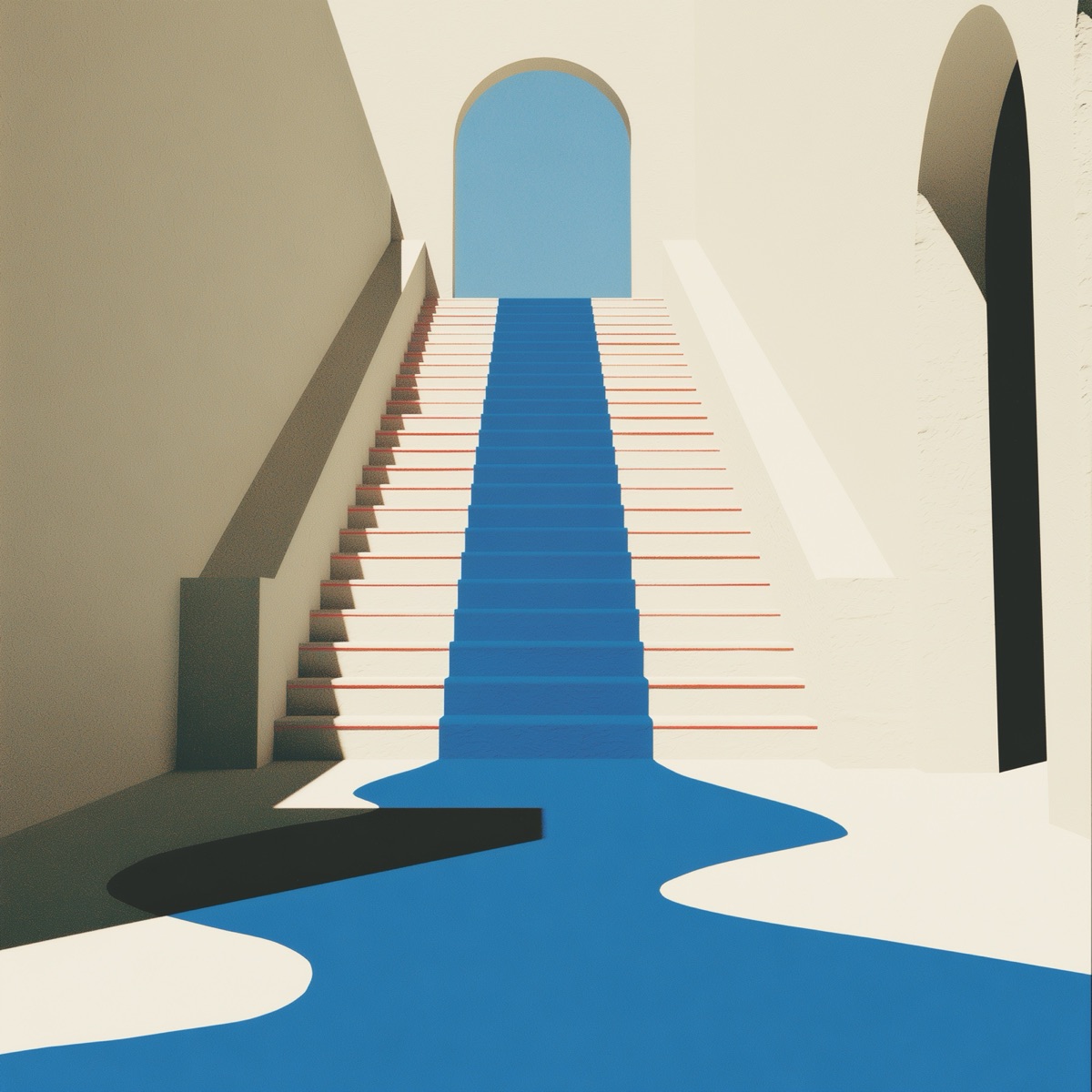 blue carpet flowing down an ivory staircase